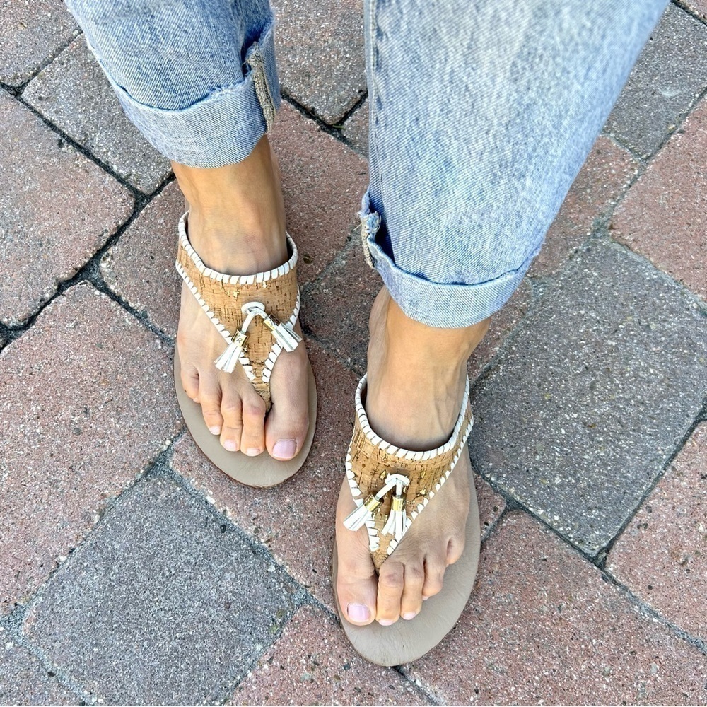 Jack Rogers Alana Cork White Leather Tassel Thong Flip Flop Sandals Size 9.5